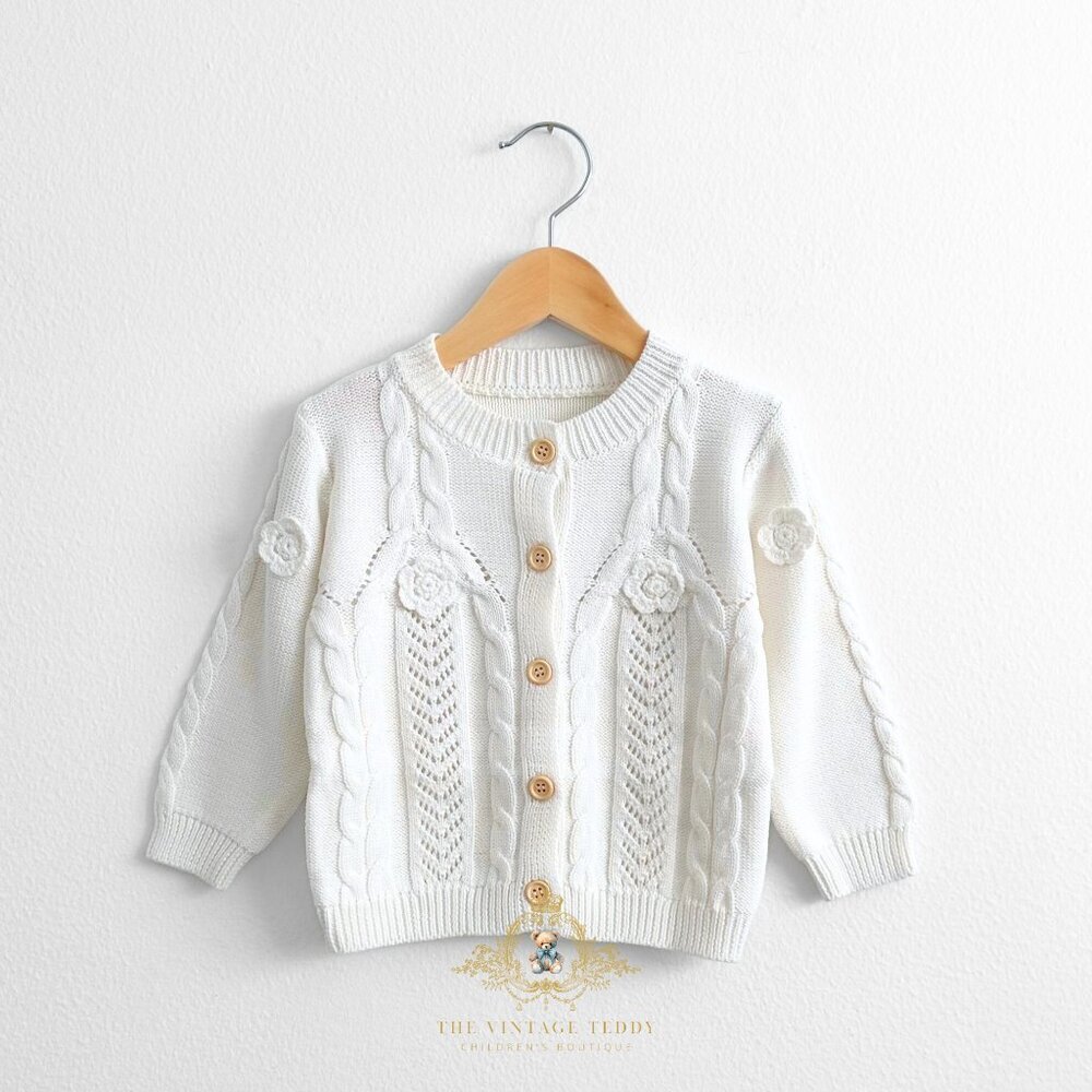 NWT Lovely Girls Cardigan Sweater Knitted Long Sleeve Flowers Design White 6-12M